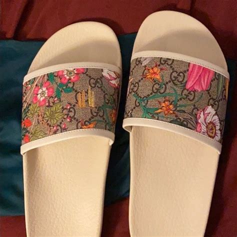 white gucci shoes with flowers|Gucci floral slides outfit.